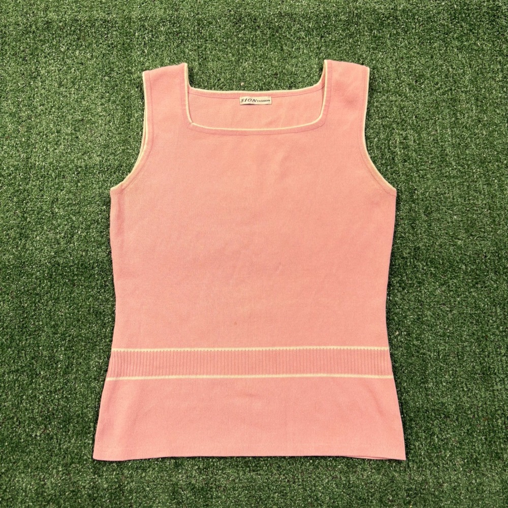 Sion Fashion Sweater Tank Top Pink Square Neck Knit Sleeveless